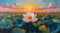 A vibrant painting depicting a lotus flower field at sunrise. Royalty Free Stock Photo